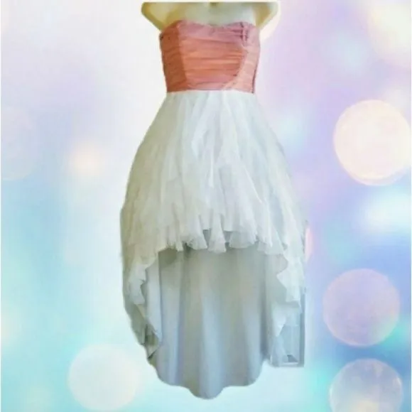 TEEZE ME Pink &amp; White Strapless High Low Formal Prom Dress