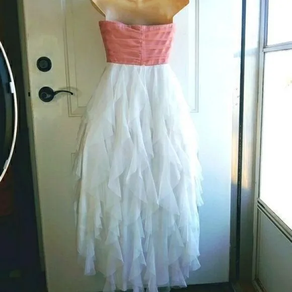 TEEZE ME Pink &amp; White Strapless High Low Formal Prom Dress