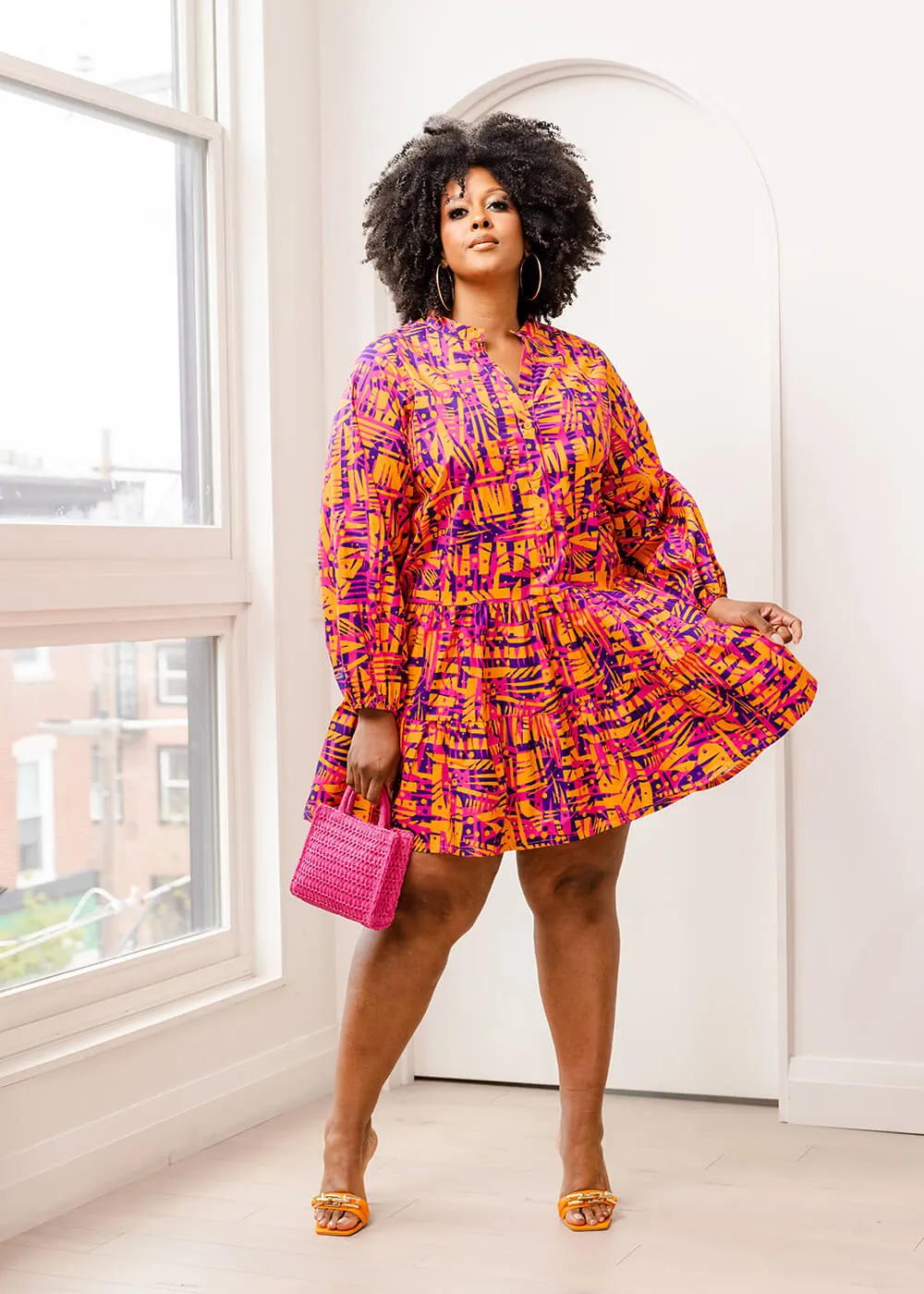 Terema Women's African Print Button-Up Dress (Orange Abstract Leaves)- Clearance