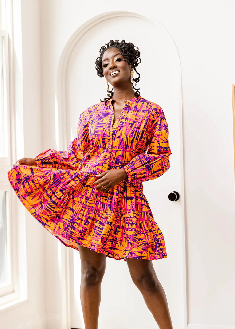 Terema Women's African Print Button-Up Dress (Orange Abstract Leaves)- Clearance