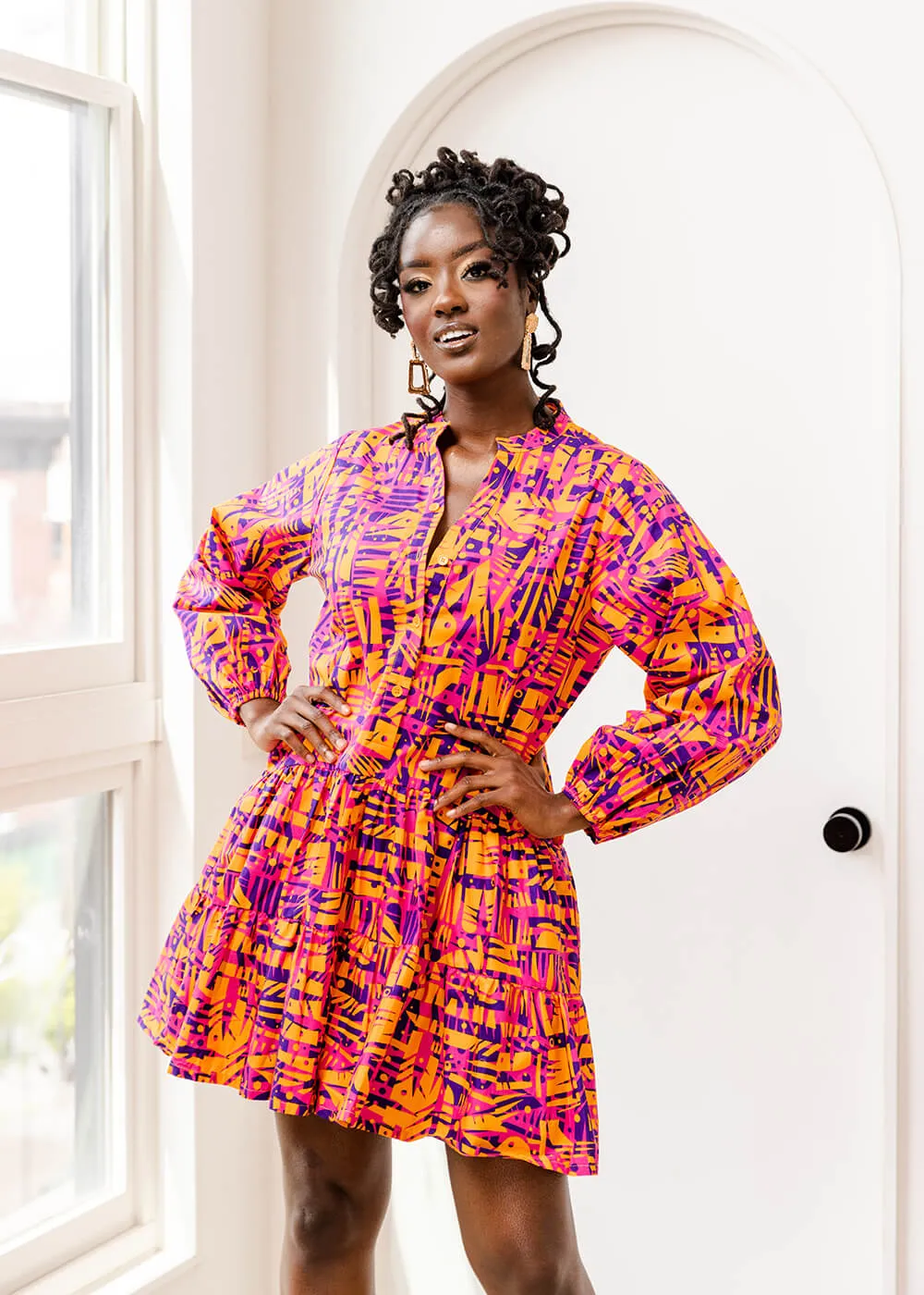 Terema Women's African Print Button-Up Dress (Orange Abstract Leaves)- Clearance