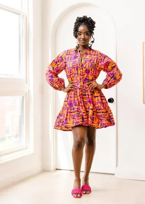 Terema Women's African Print Button-Up Dress (Orange Abstract Leaves)- Clearance