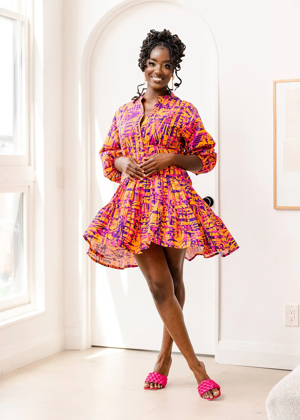 Terema Women's African Print Button-Up Dress (Orange Abstract Leaves)- Clearance