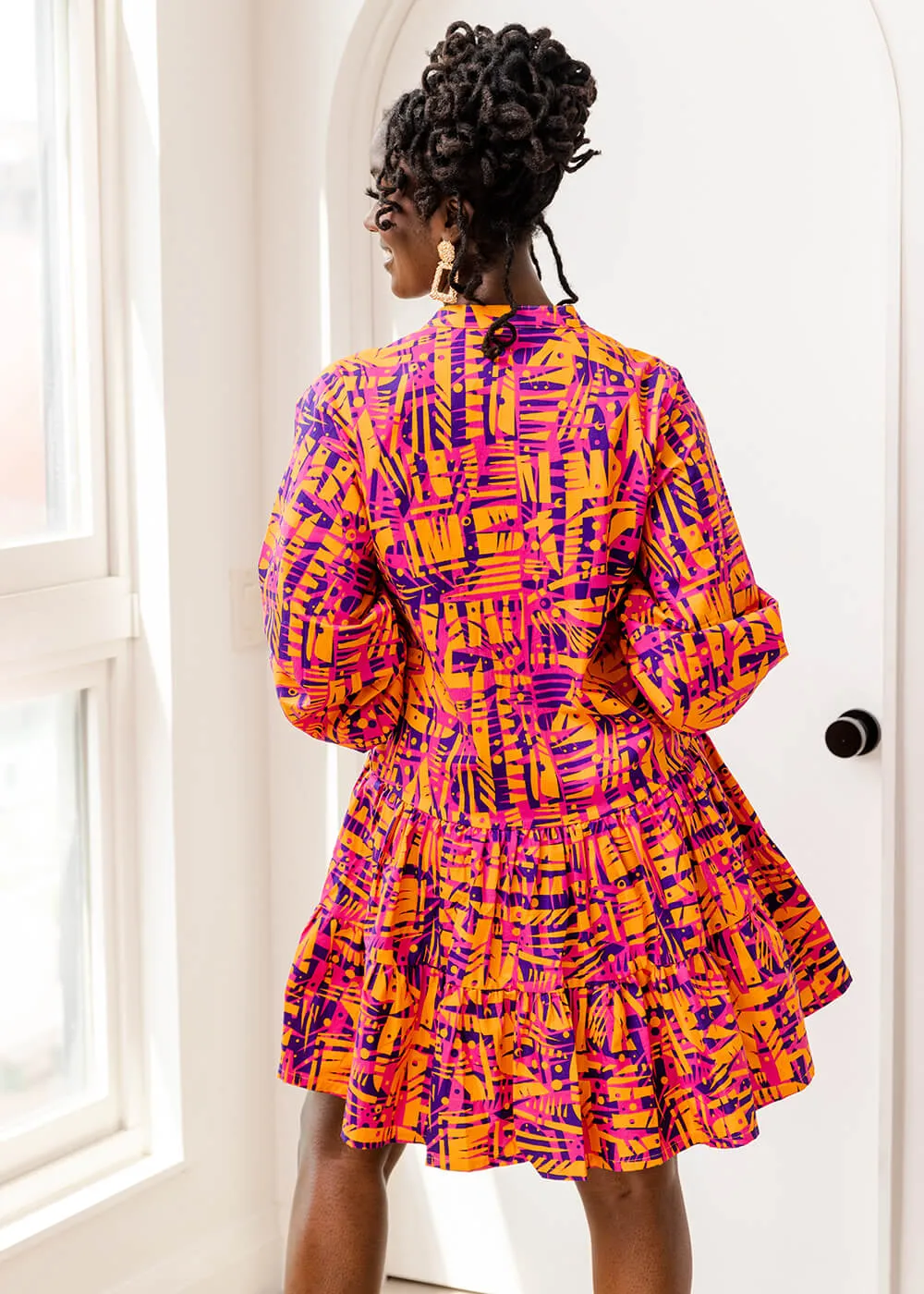Terema Women's African Print Button-Up Dress (Orange Abstract Leaves)- Clearance
