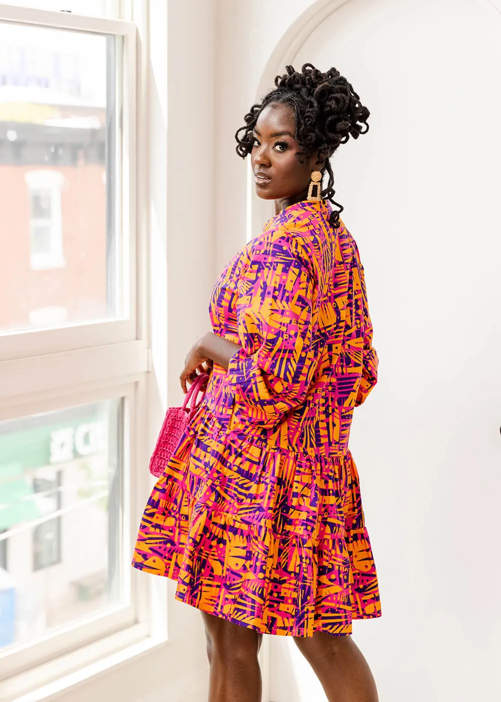 Terema Women's African Print Button-Up Dress (Orange Abstract Leaves)- Clearance
