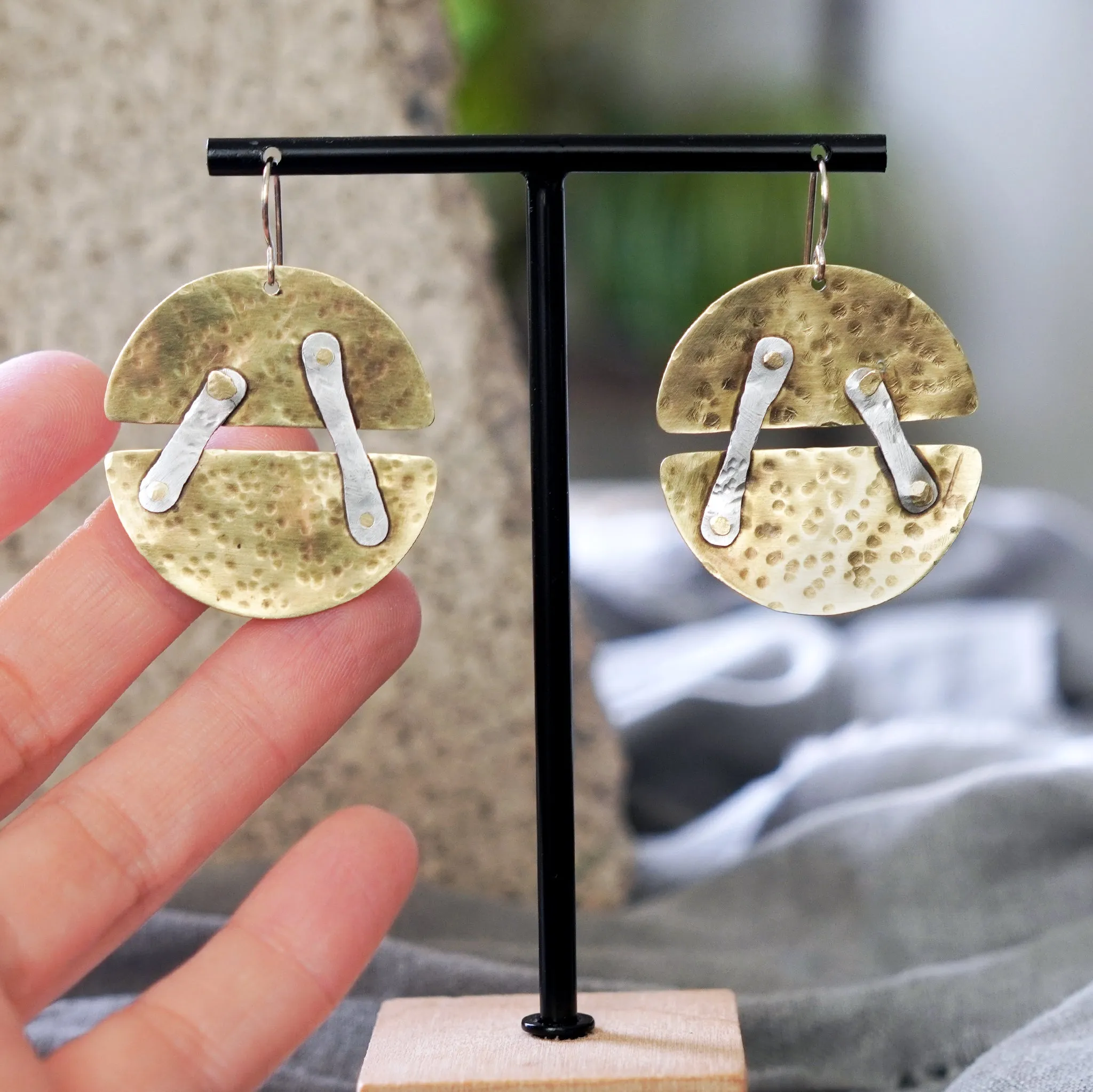 Textured Brass & Sterling Silver Riveted Earrings