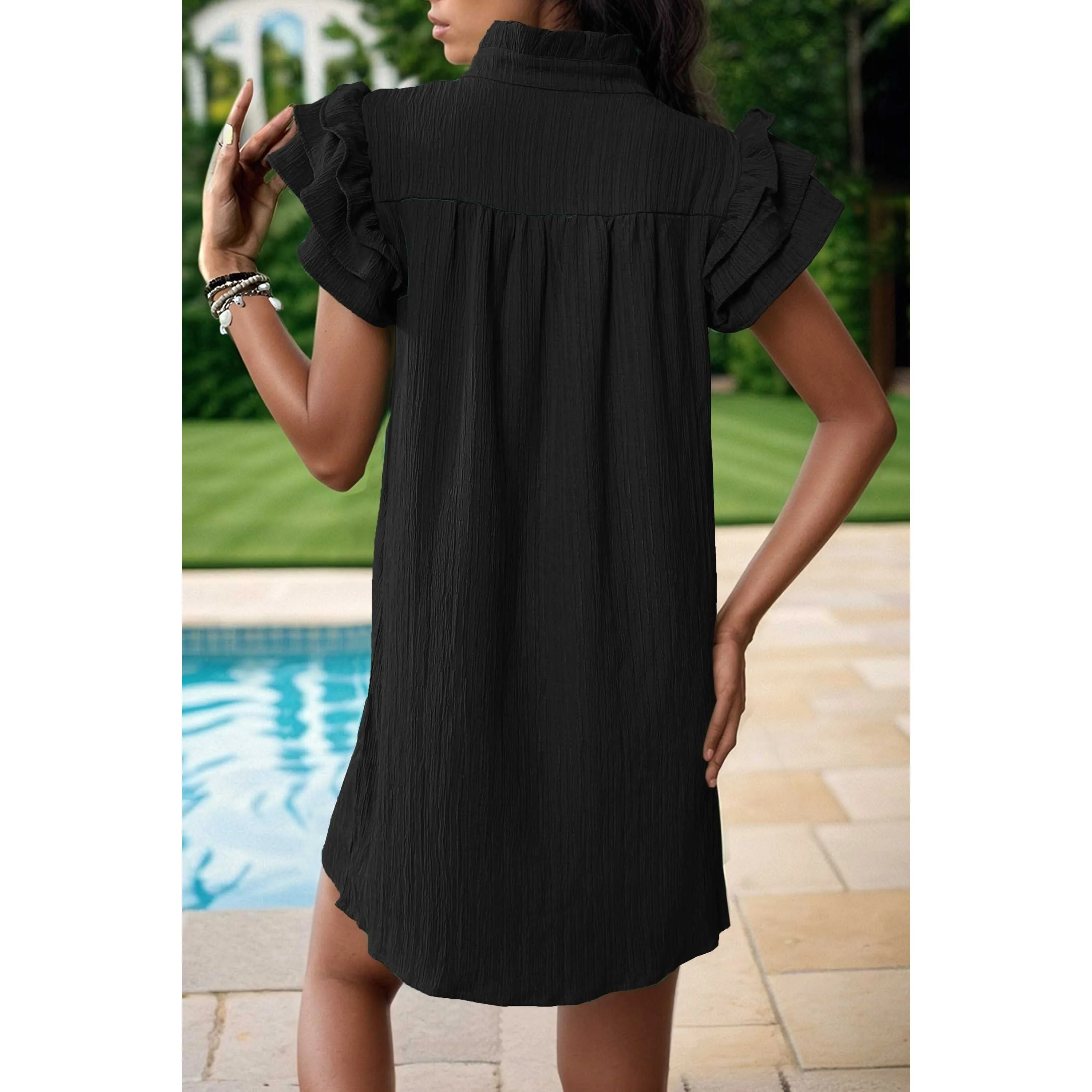 Textured Notched Neck Flutter Sleeve Mini Dress