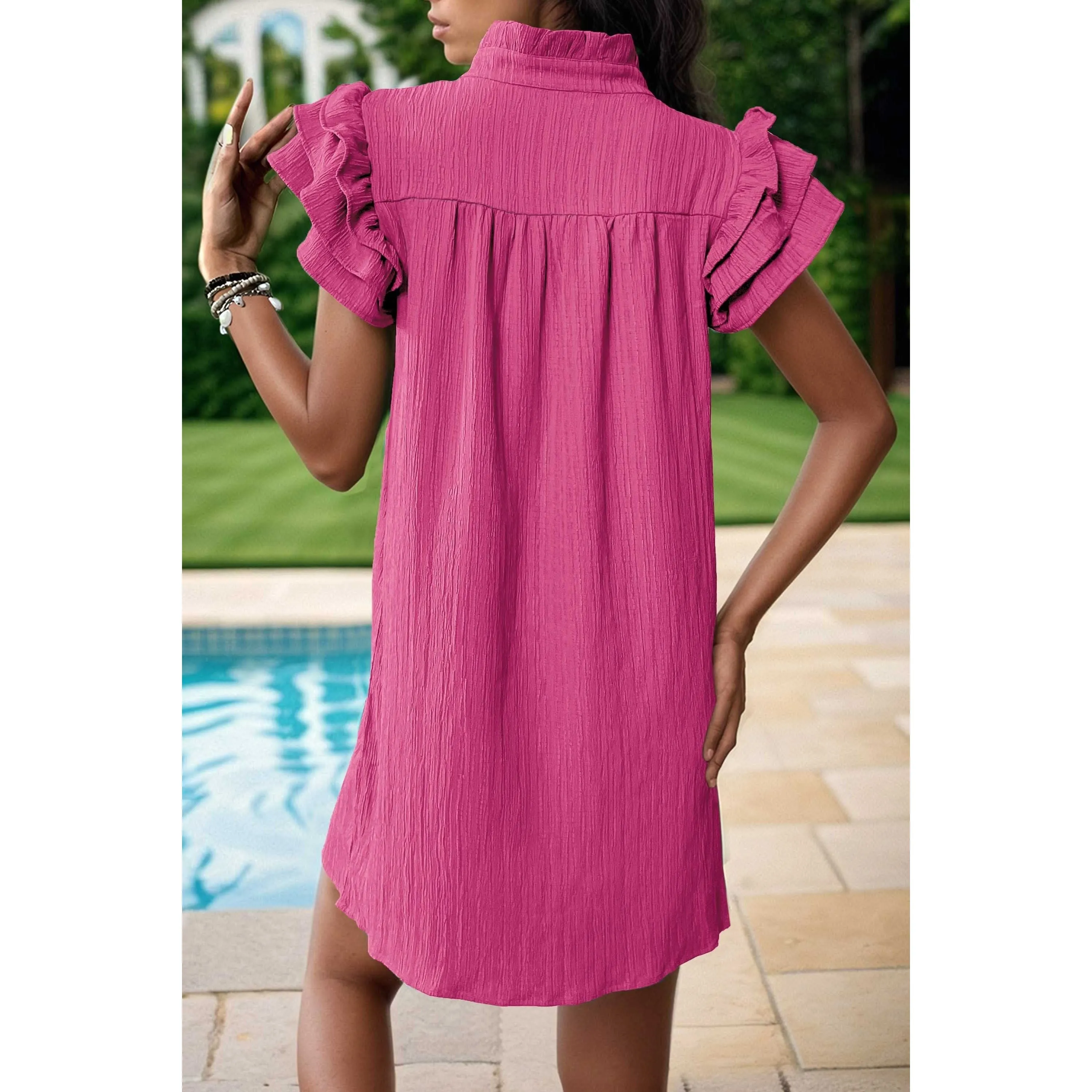 Textured Notched Neck Flutter Sleeve Mini Dress