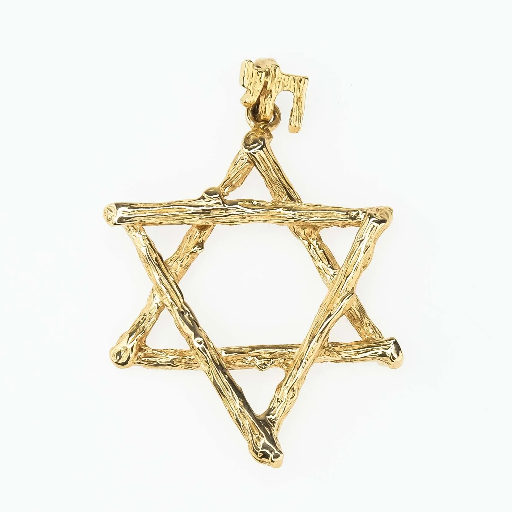 Textured Tree Branch Star of David with Chai Bail Pendant in 14K Yellow Gold