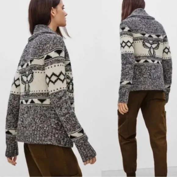 TNA 100% Lambswool Aztec black &amp; cream zip front cowl collar Sweater Ladies SZ:M