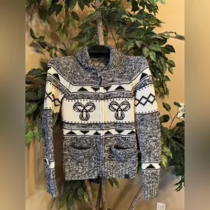 TNA 100% Lambswool Aztec black &amp; cream zip front cowl collar Sweater Ladies SZ:M