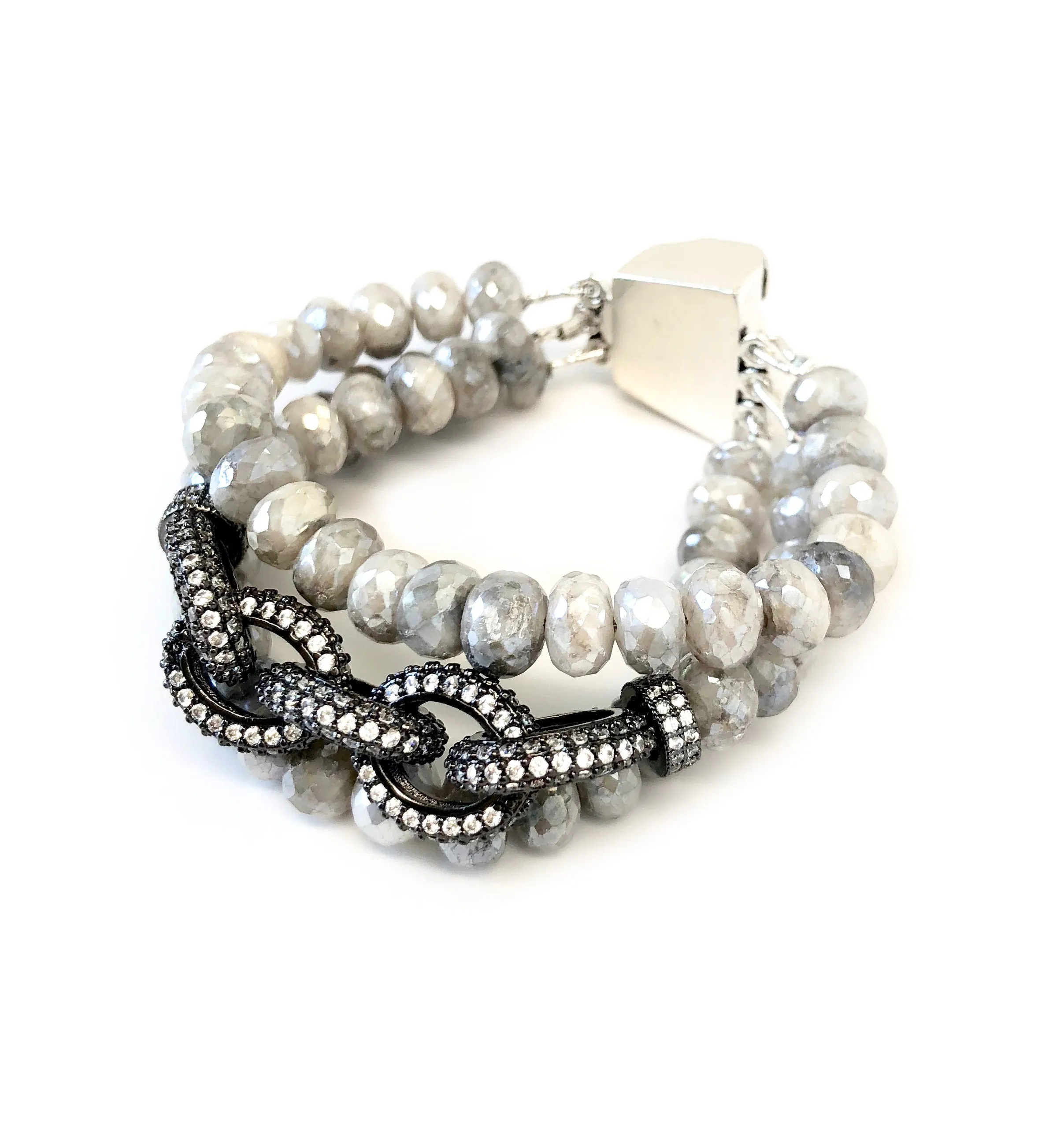 Triple Strand Grey Moonstone Chain Link Bracelet