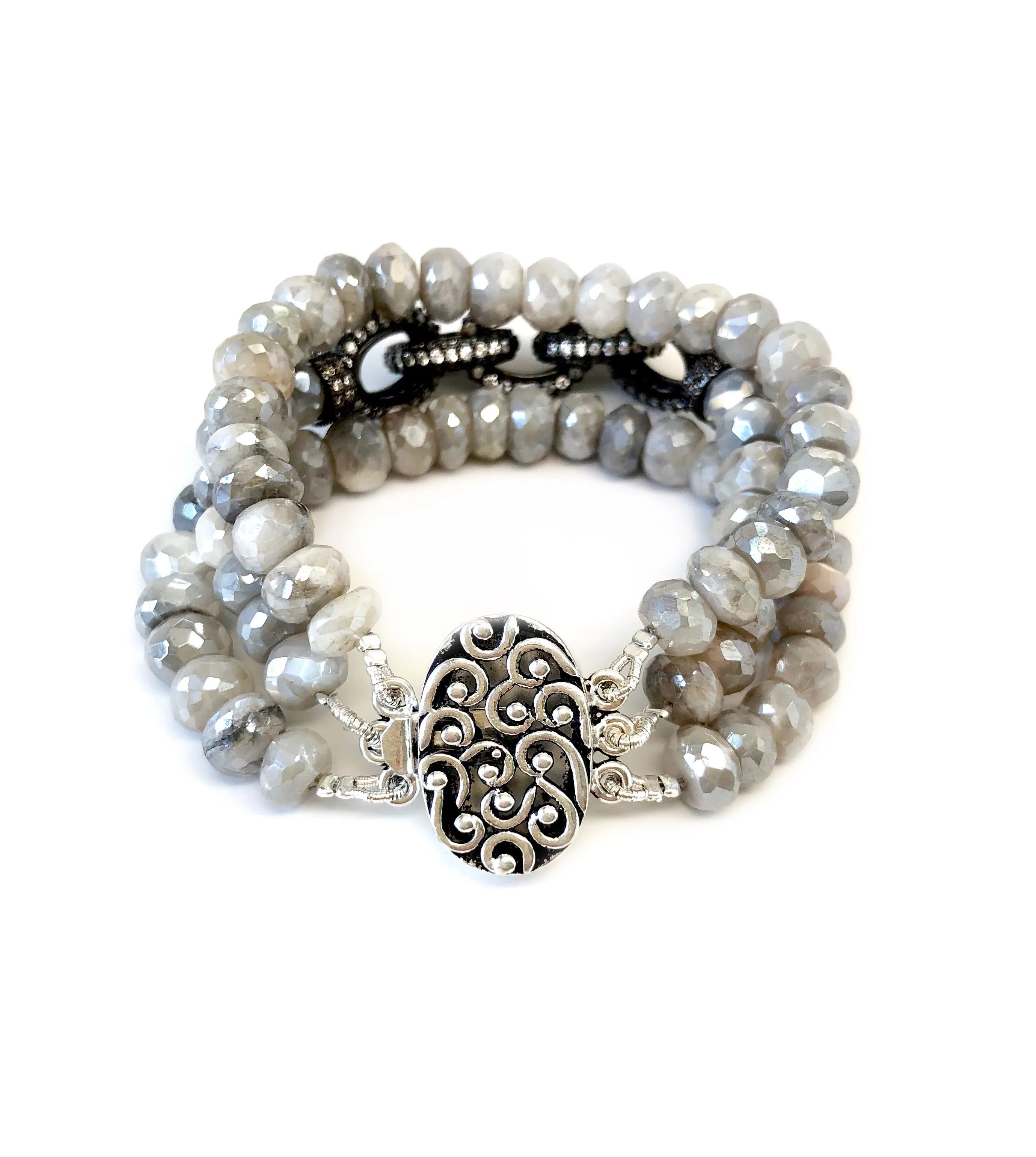 Triple Strand Grey Moonstone Chain Link Bracelet