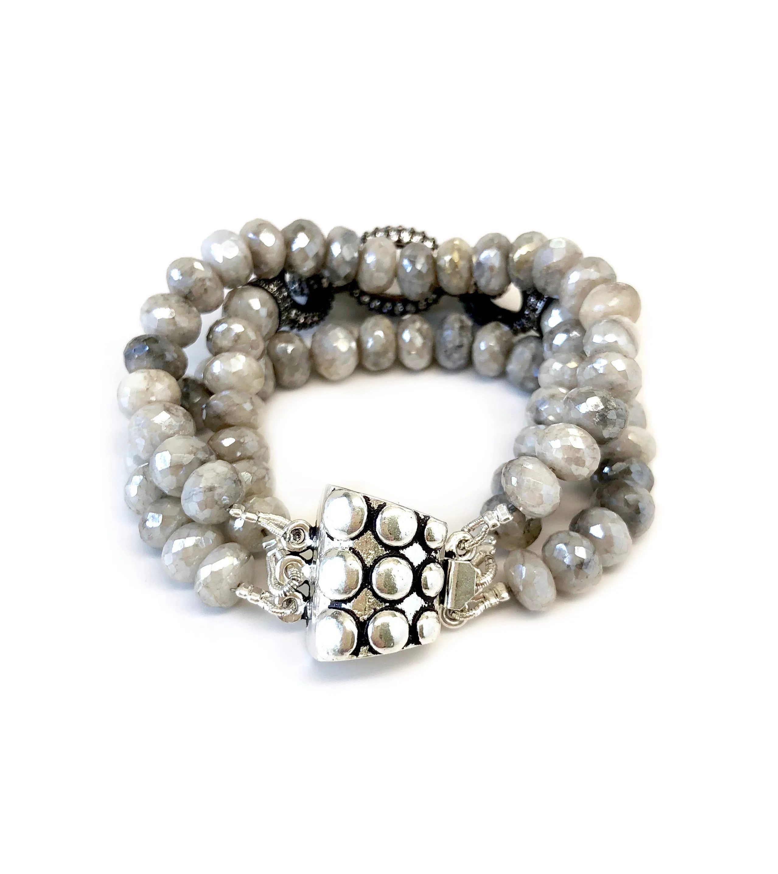 Triple Strand Grey Moonstone Chain Link Bracelet