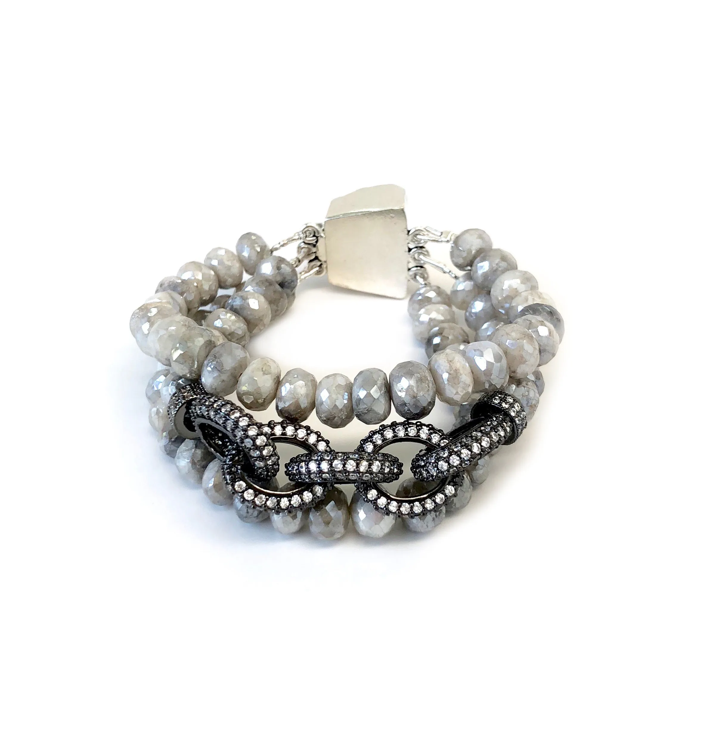 Triple Strand Grey Moonstone Chain Link Bracelet