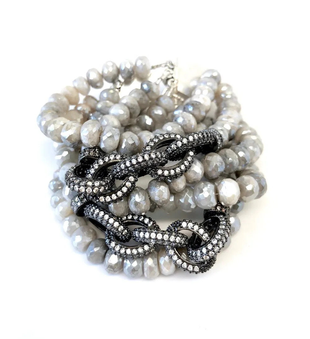 Triple Strand Grey Moonstone Chain Link Bracelet
