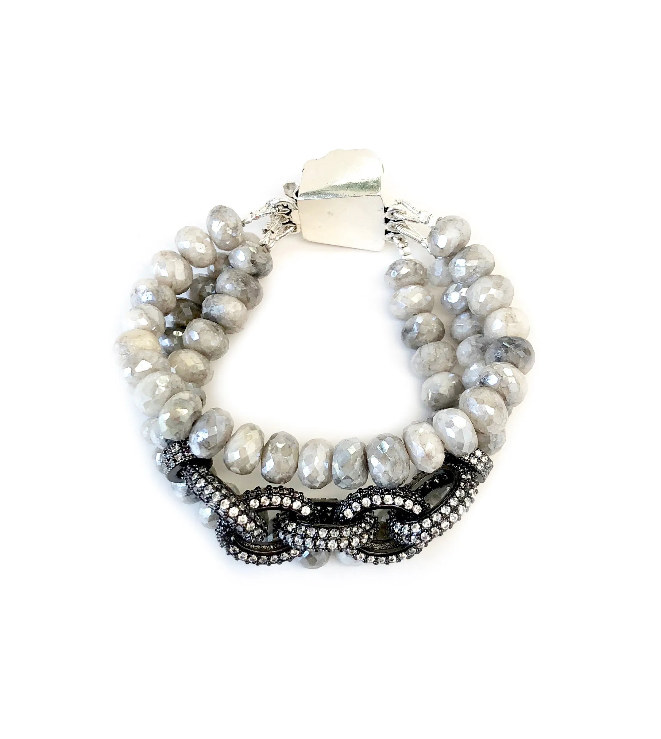 Triple Strand Grey Moonstone Chain Link Bracelet