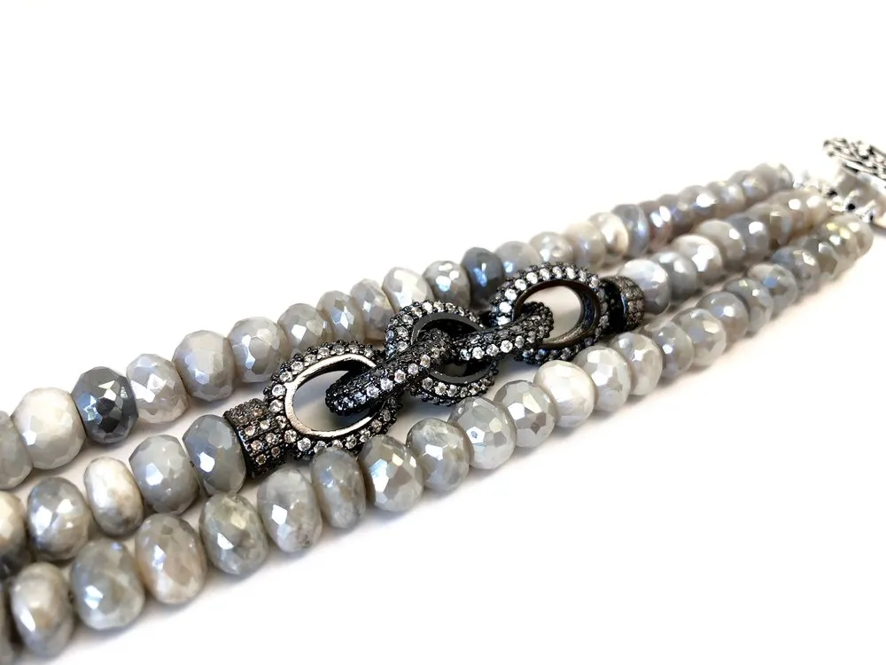 Triple Strand Grey Moonstone Chain Link Bracelet