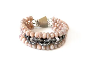 Triple Strand Pink Moonstone Chain Link Bracelet