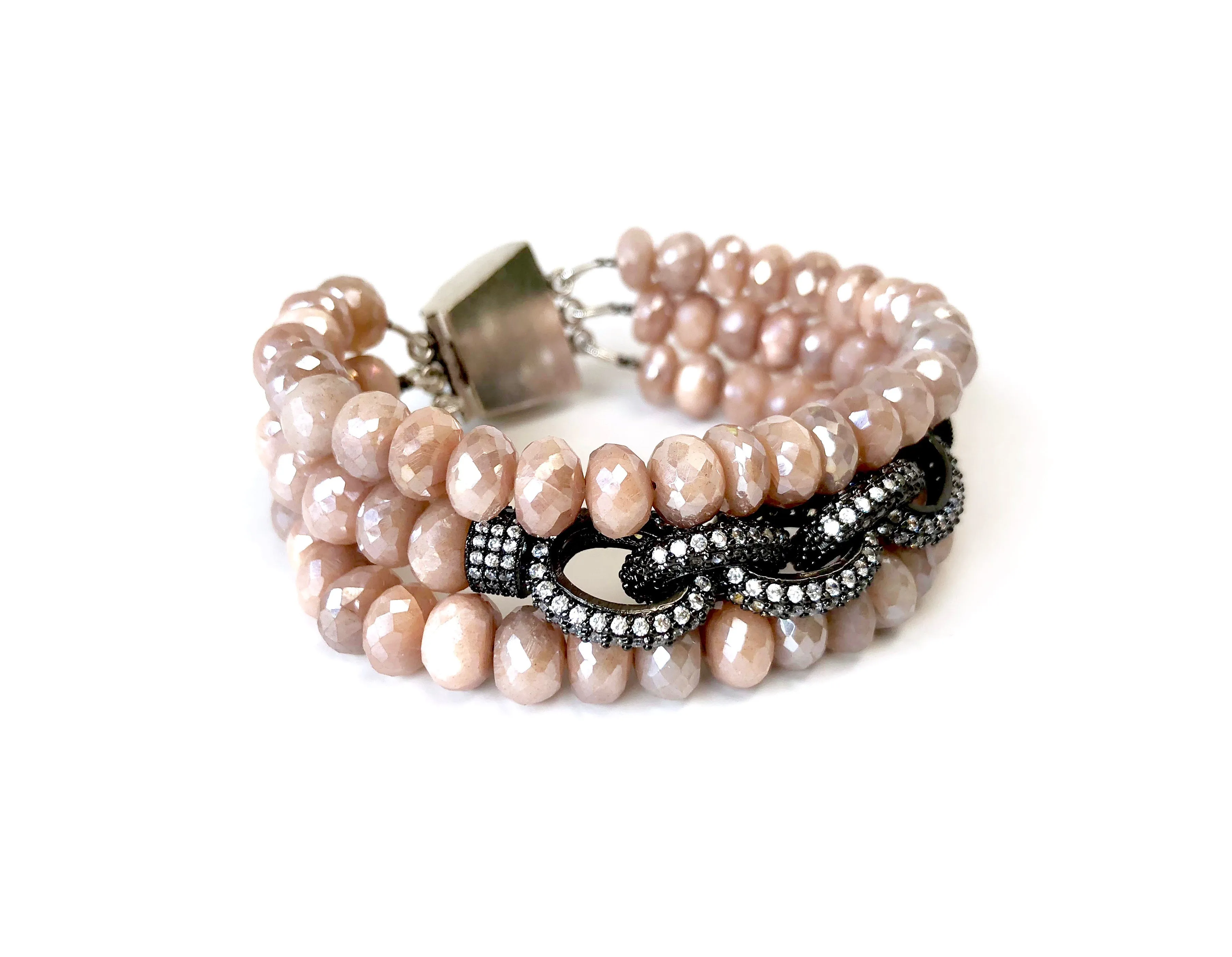 Triple Strand Pink Moonstone Chain Link Bracelet