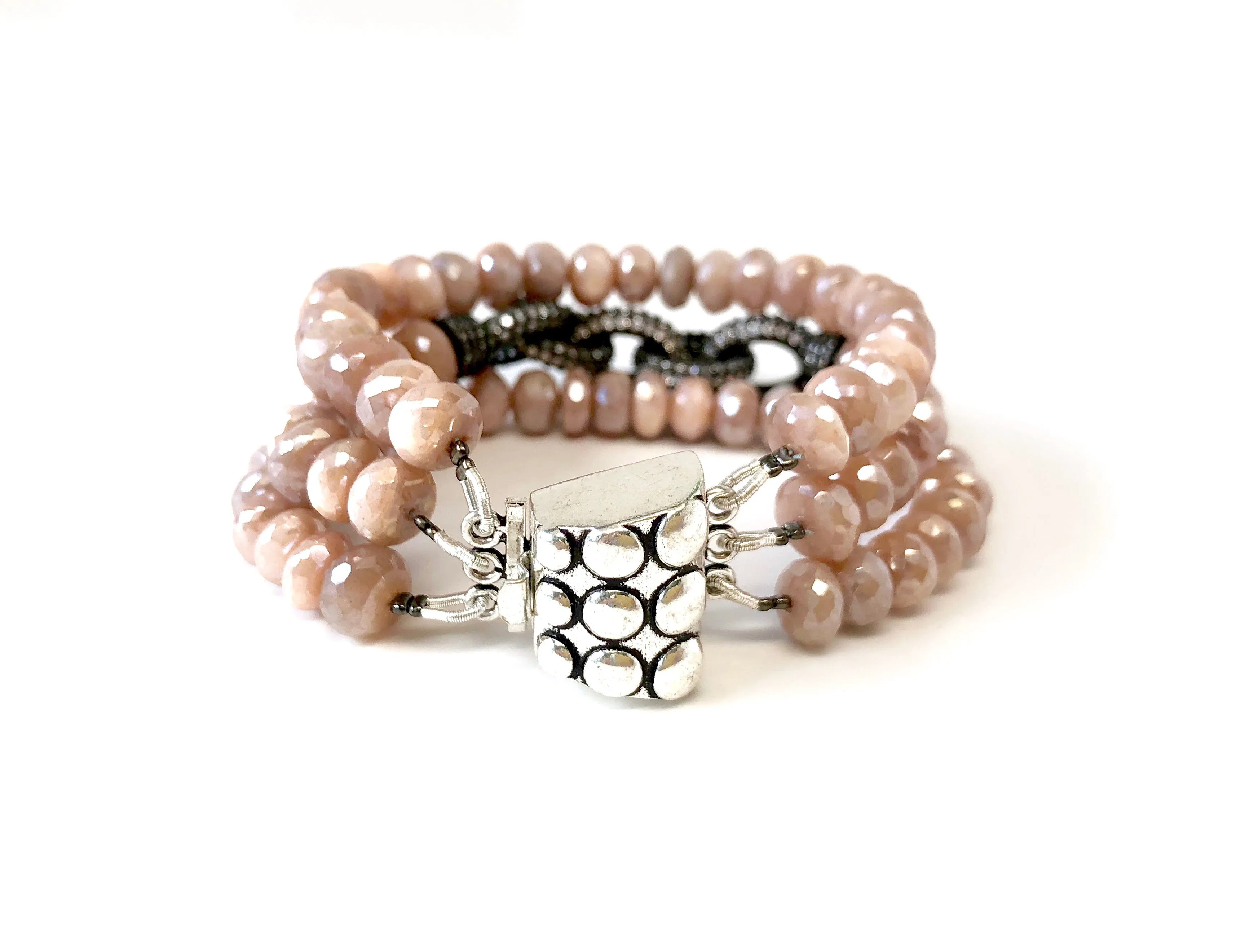 Triple Strand Pink Moonstone Chain Link Bracelet