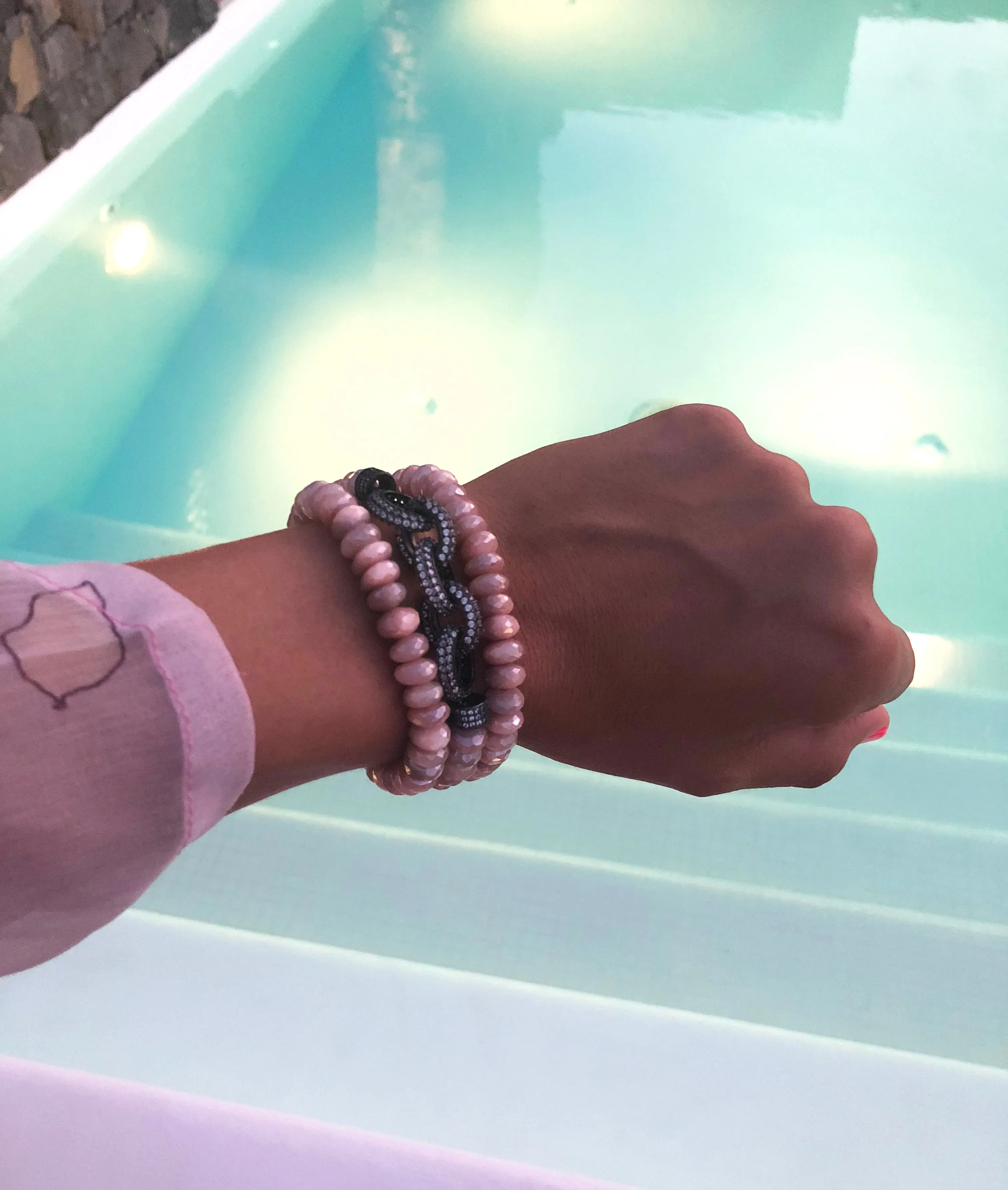 Triple Strand Pink Moonstone Chain Link Bracelet
