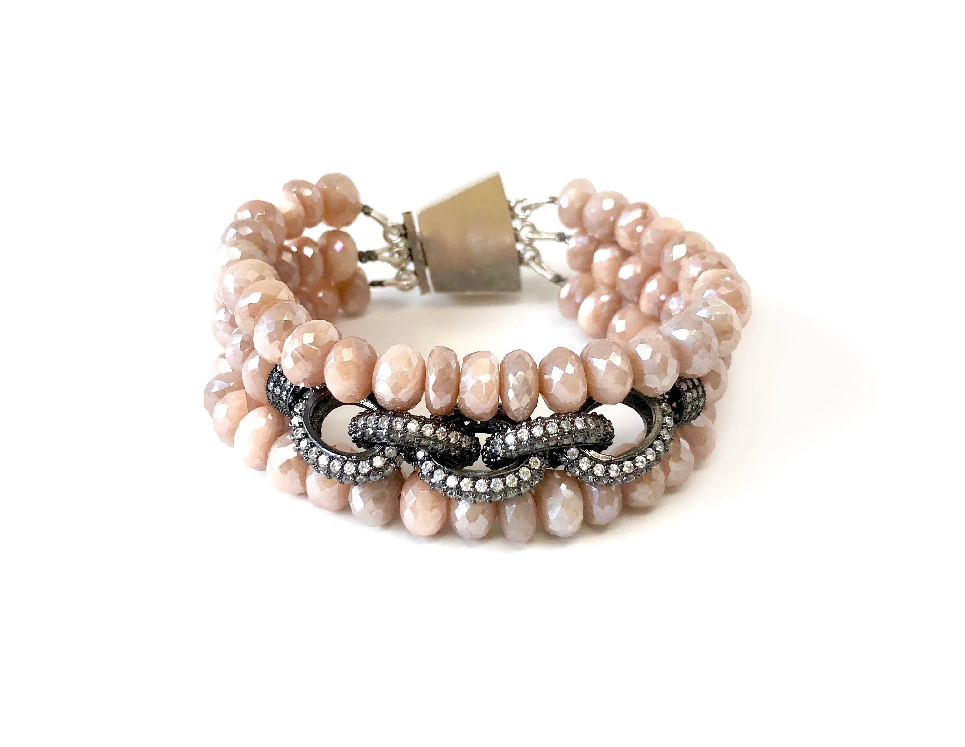 Triple Strand Pink Moonstone Chain Link Bracelet