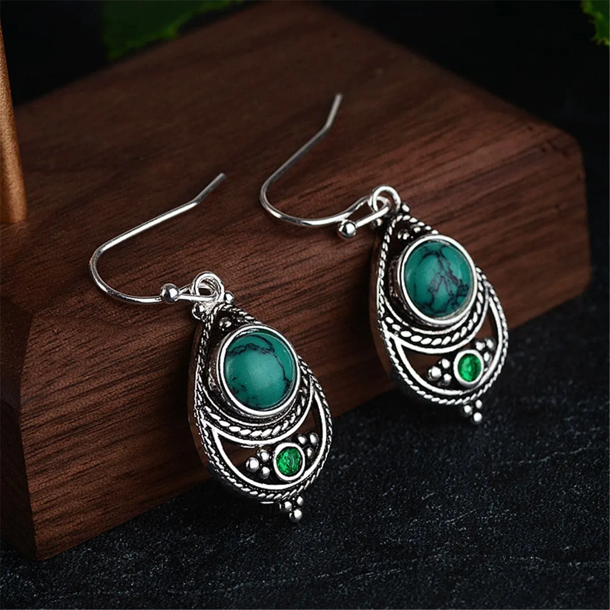 Turquoise & Cubic Zirconia Bezel Textured Drop Earrings
