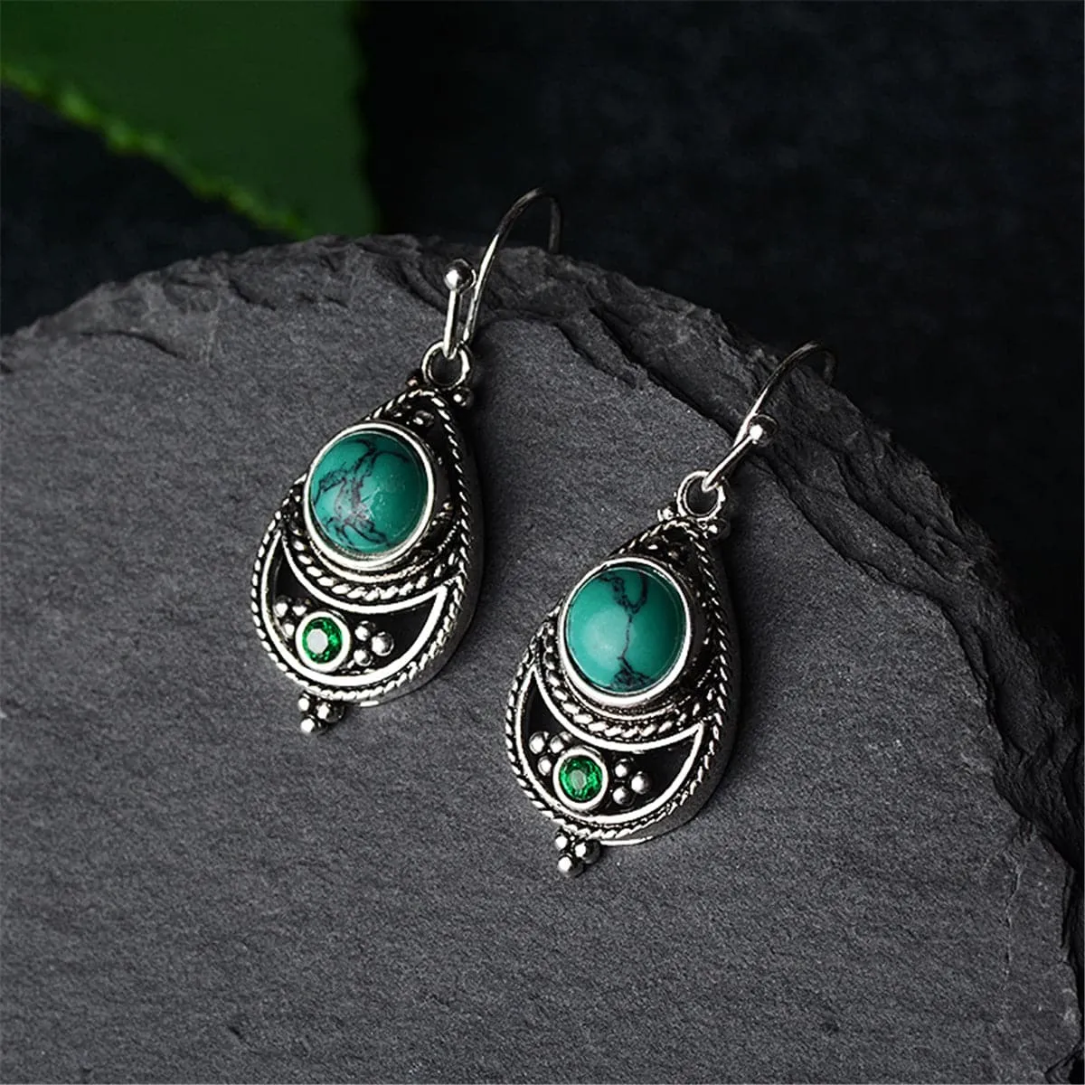 Turquoise & Cubic Zirconia Bezel Textured Drop Earrings