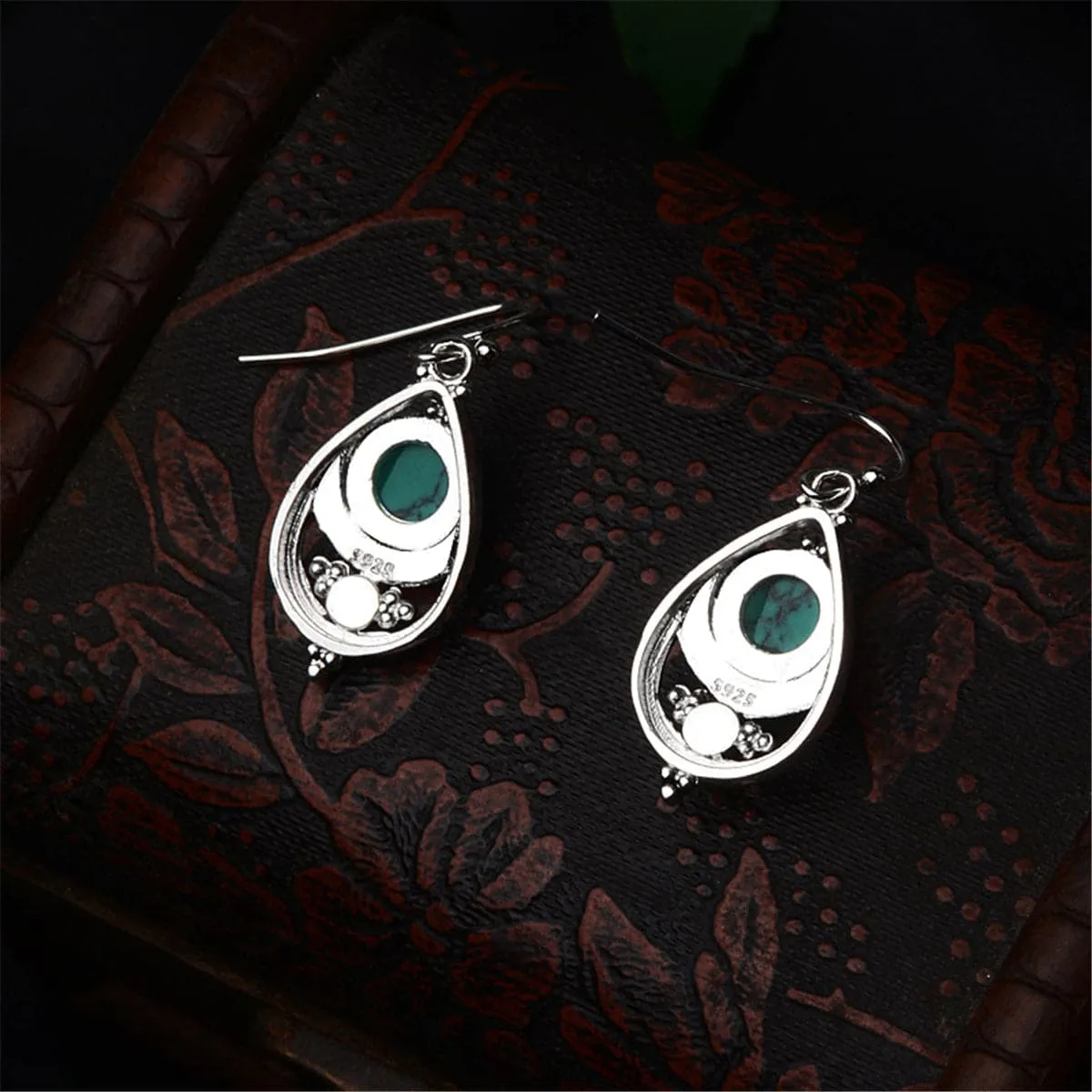 Turquoise & Cubic Zirconia Bezel Textured Drop Earrings