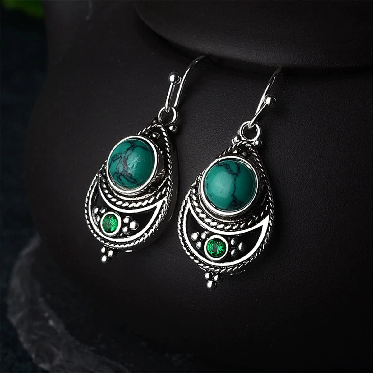Turquoise & Cubic Zirconia Bezel Textured Drop Earrings