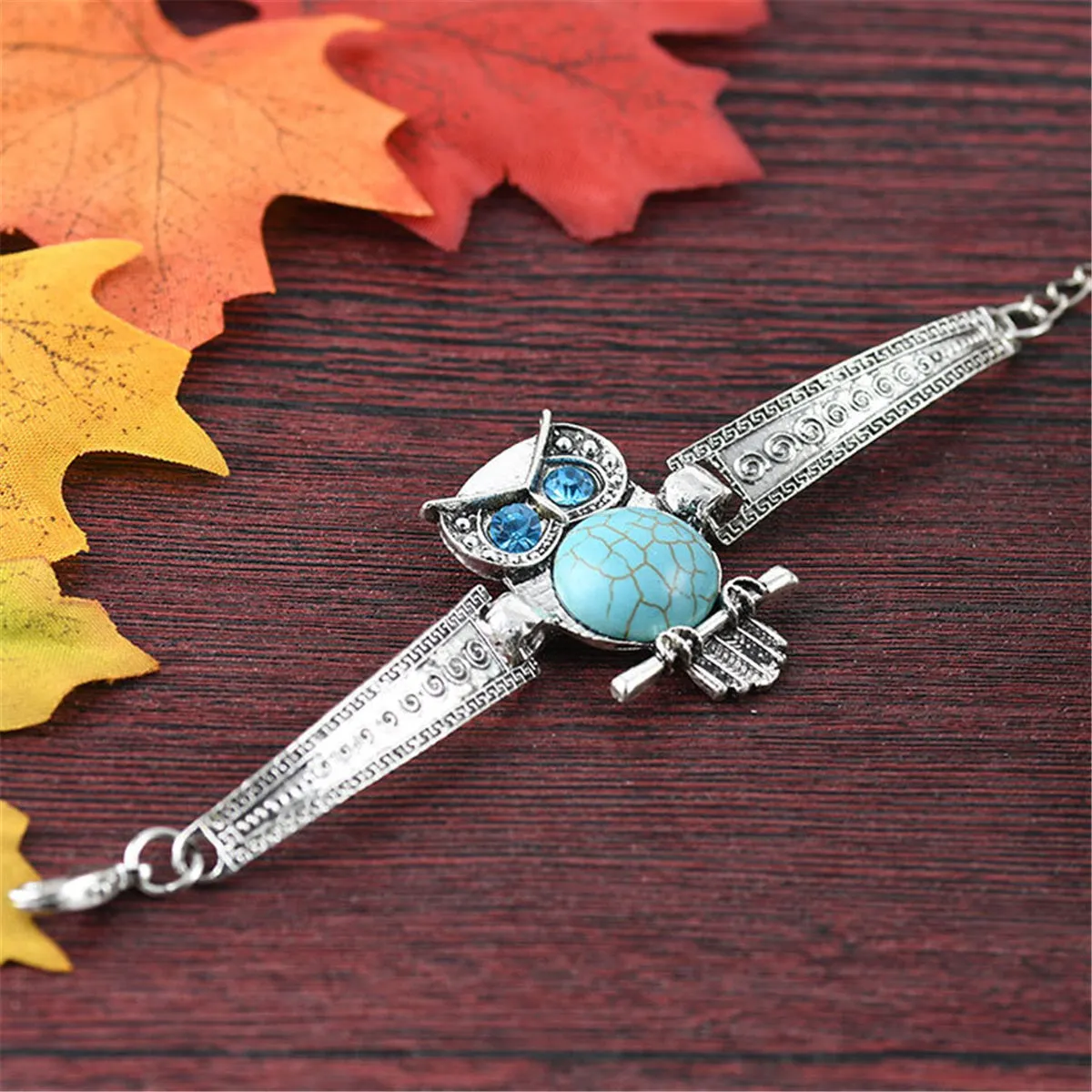 Turquoise & Cubic Zirconia Silver-Plated Owl Charm Bracelet