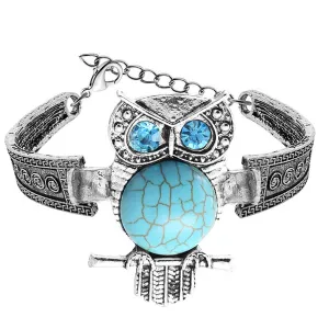 Turquoise & Cubic Zirconia Silver-Plated Owl Charm Bracelet