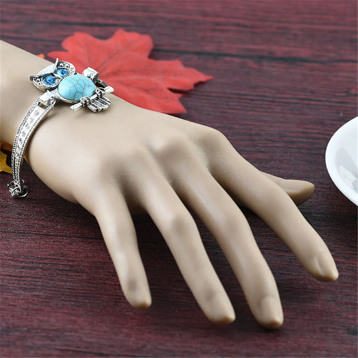 Turquoise & Cubic Zirconia Silver-Plated Owl Charm Bracelet