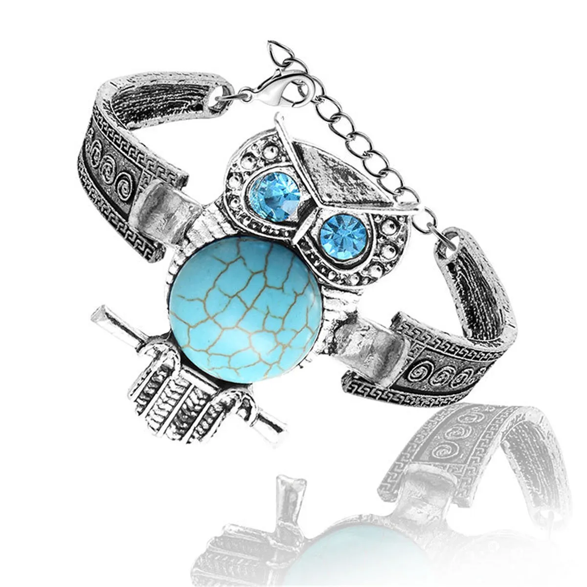 Turquoise & Cubic Zirconia Silver-Plated Owl Charm Bracelet