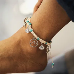 Turquoise & Silver-Plated Ocean Lives Charm Anklet