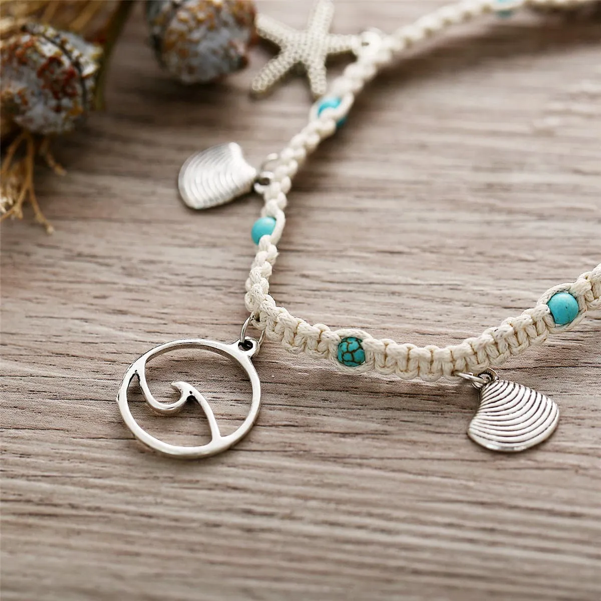 Turquoise & Silver-Plated Ocean Lives Charm Anklet