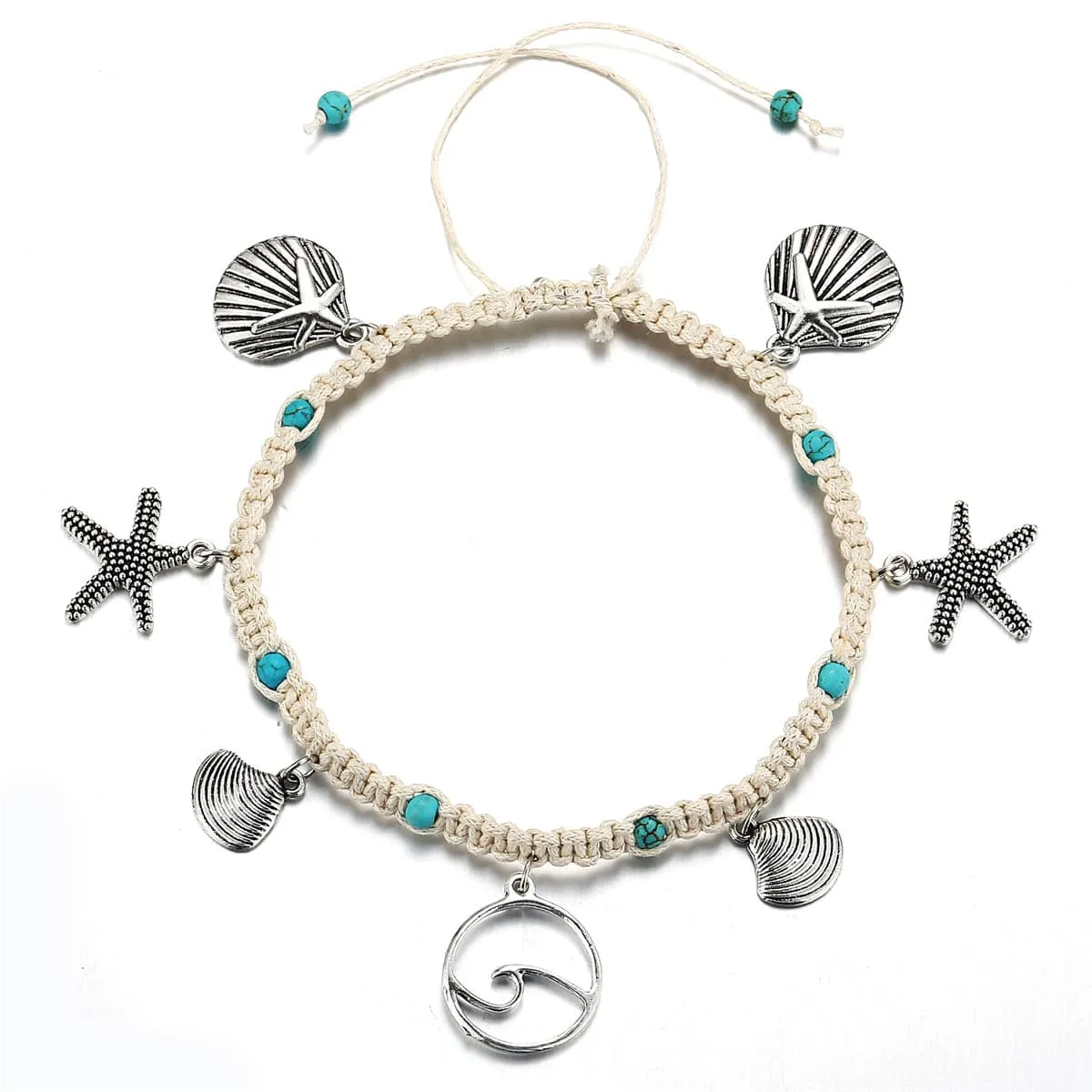 Turquoise & Silver-Plated Ocean Lives Charm Anklet