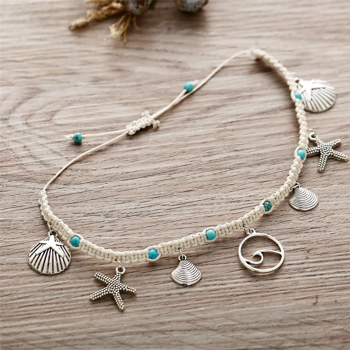 Turquoise & Silver-Plated Ocean Lives Charm Anklet