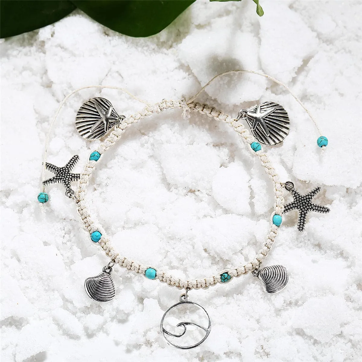 Turquoise & Silver-Plated Ocean Lives Charm Anklet