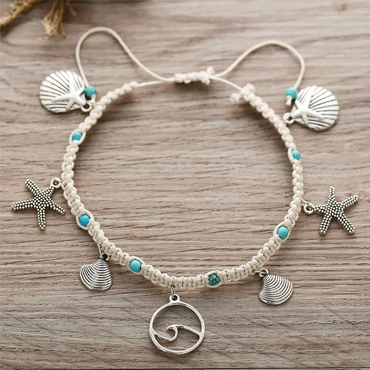 Turquoise & Silver-Plated Ocean Lives Charm Anklet