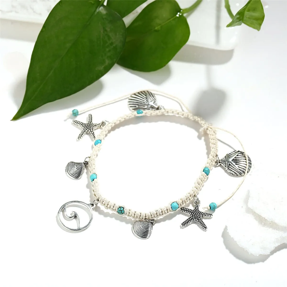 Turquoise & Silver-Plated Ocean Lives Charm Anklet