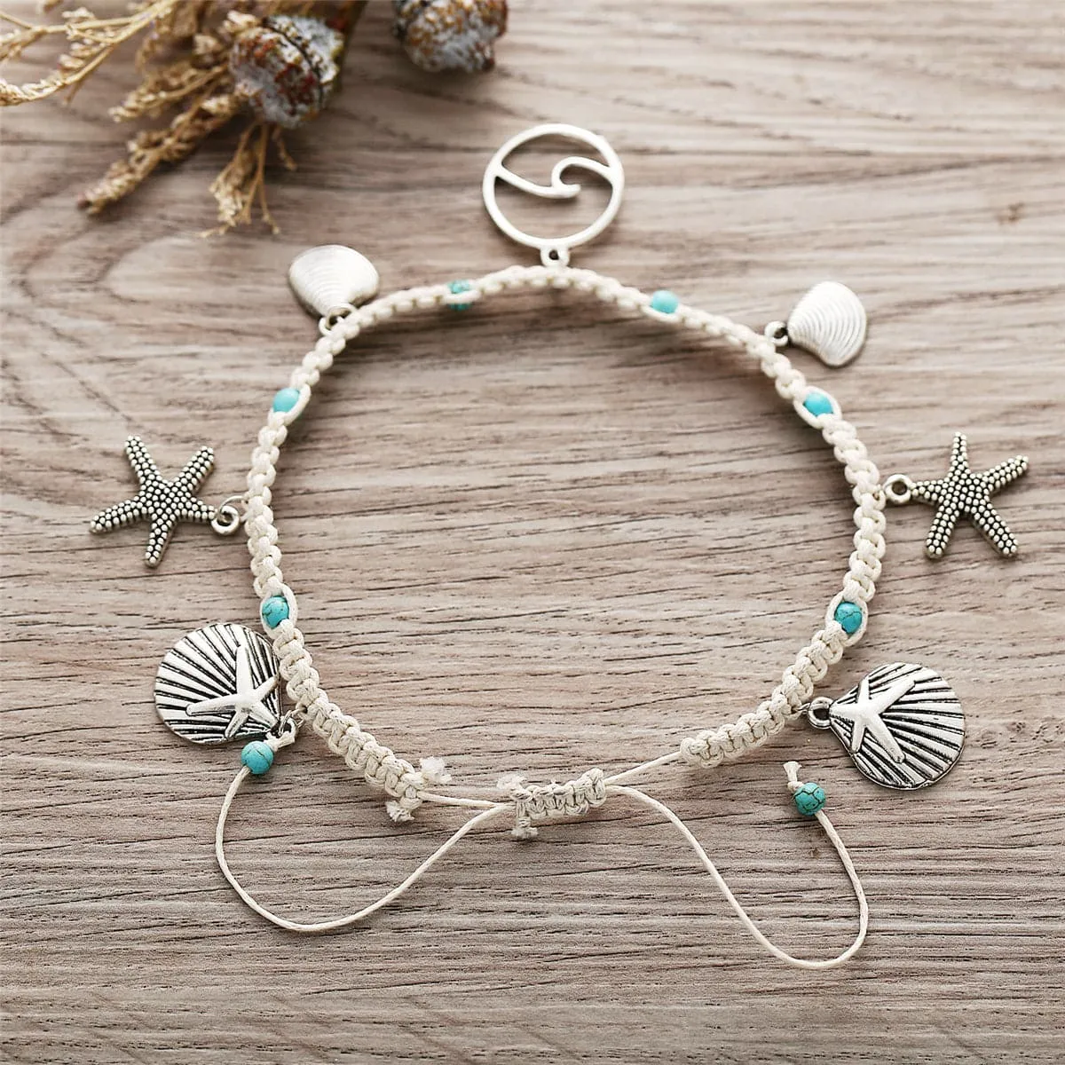 Turquoise & Silver-Plated Ocean Lives Charm Anklet