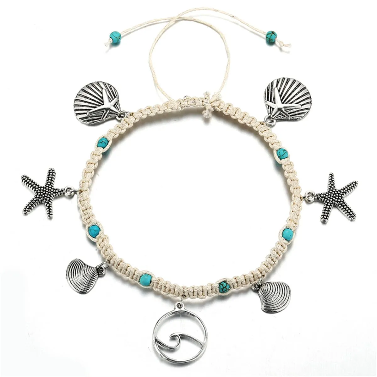 Turquoise & Silver-Plated Ocean Lives Charm Anklet