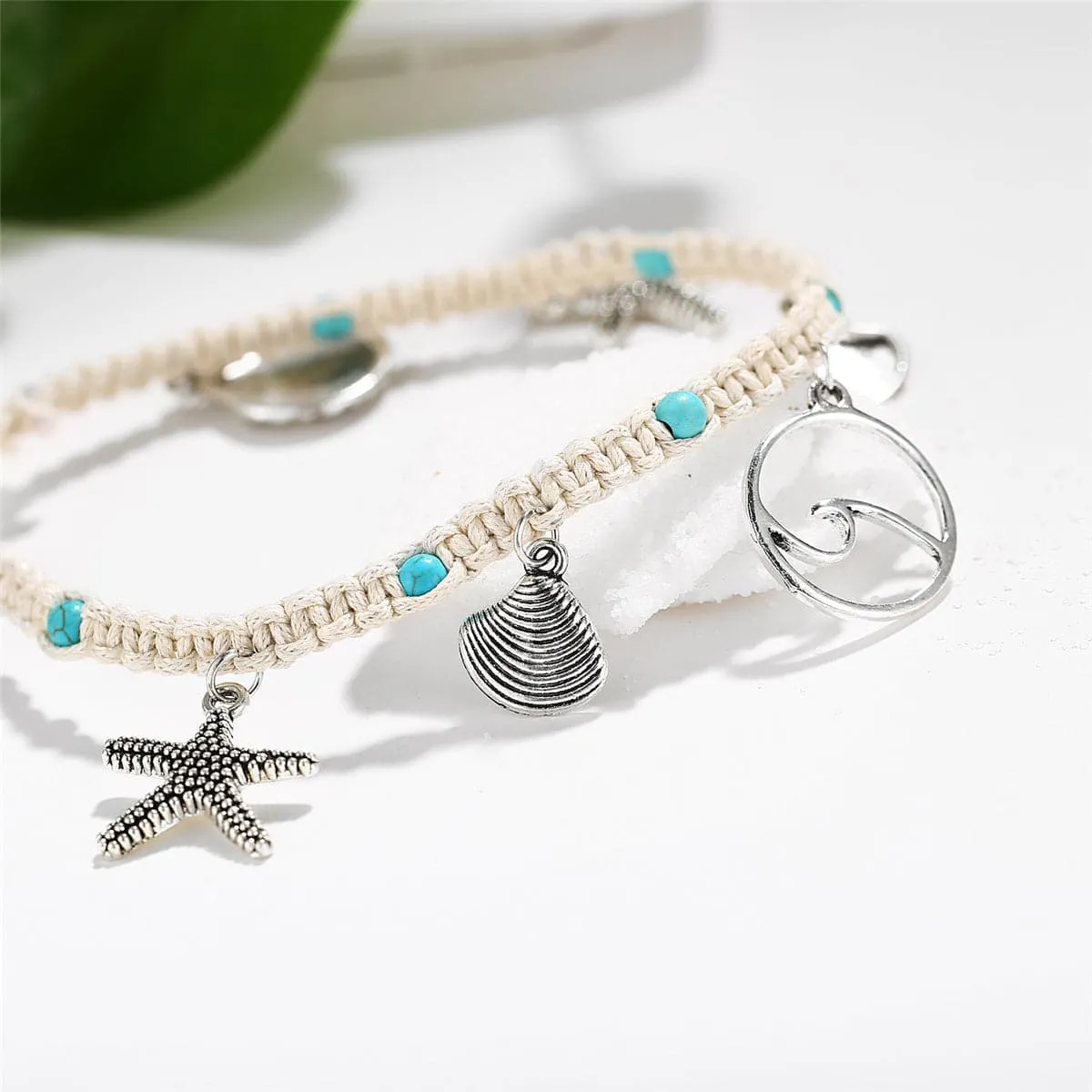 Turquoise & Silver-Plated Ocean Lives Charm Anklet