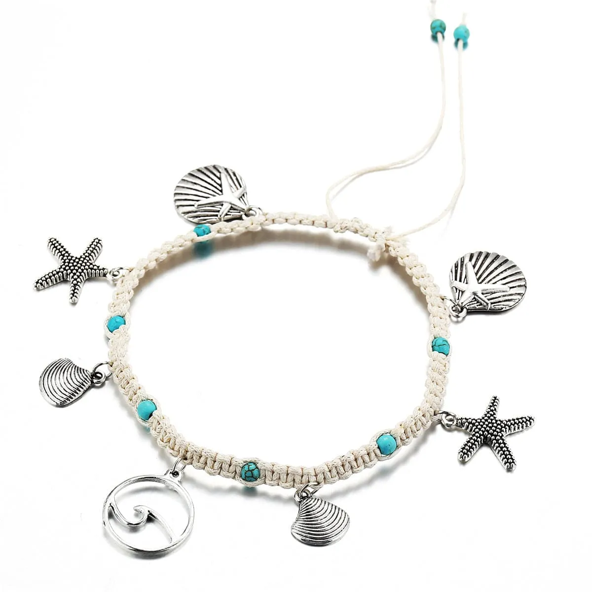 Turquoise & Silver-Plated Ocean Lives Charm Anklet