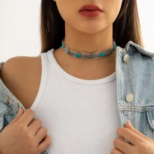 Turquoise & Silver-Plated Oval-Cut Choker Necklace