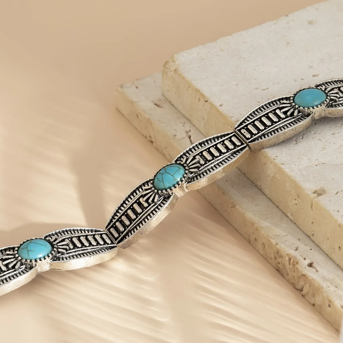 Turquoise & Silver-Plated Oval-Cut Choker Necklace