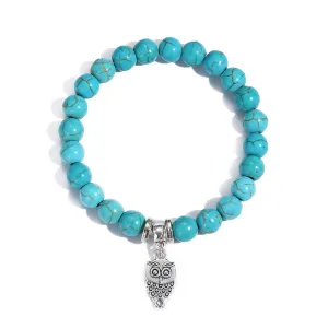 Turquoise & Silver-Plated Owl Charm Stretch Bracelet