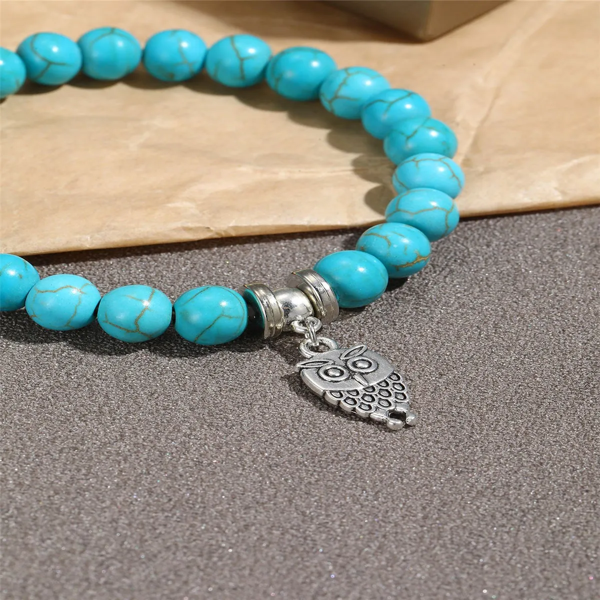 Turquoise & Silver-Plated Owl Charm Stretch Bracelet
